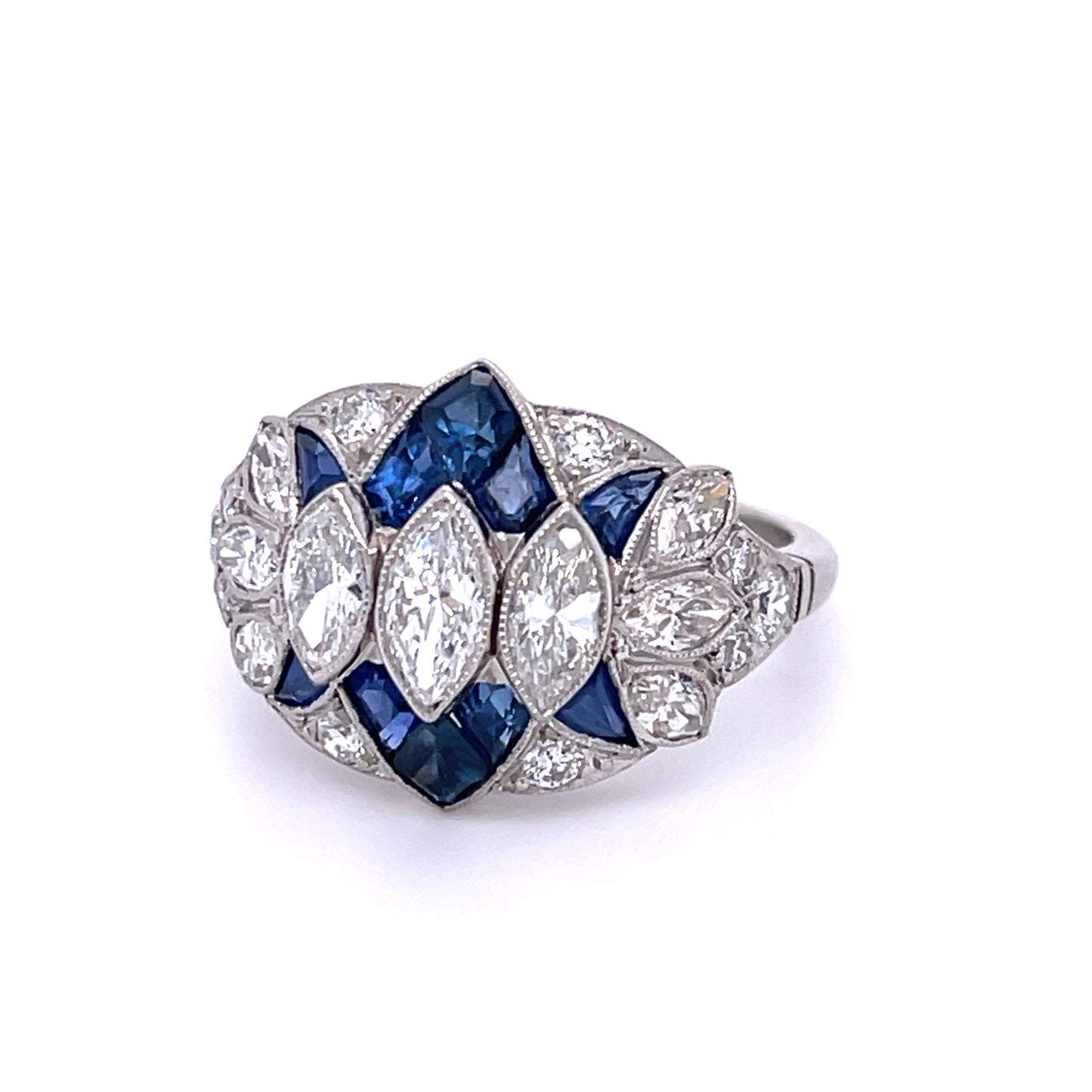 Platinum Marquise Diamond and Sapphire Ring