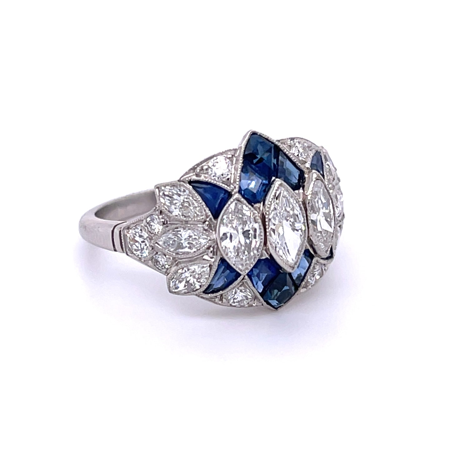 Platinum Marquise Diamond and Sapphire Ring