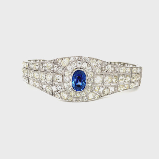 10ct GIA No Heat Ceylon Sapphire 22ct Diamond Art Deco Antique Bracelet (Circa 1920s) 45.9gr 7.75in