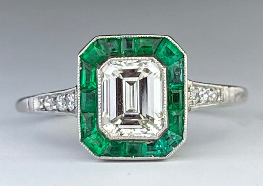 Platinum Diamond 1.02ct and Emerald Ring