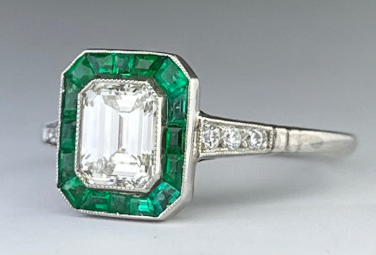 Platinum Diamond 1.02ct and Emerald Ring