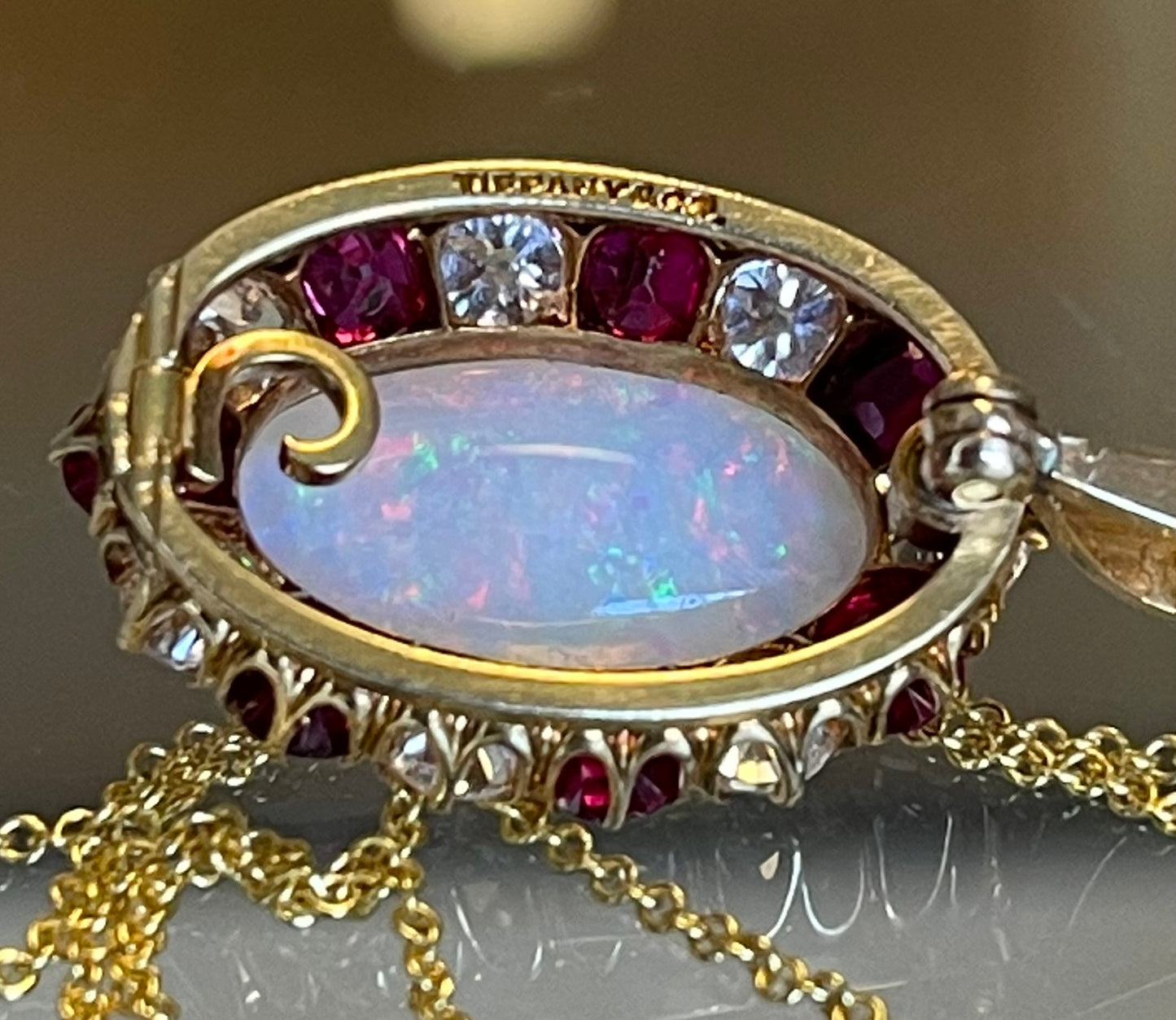 Tiffany & Co. Early 1900s Fire Australian Opal 3ct and Burma Ruby Pendant