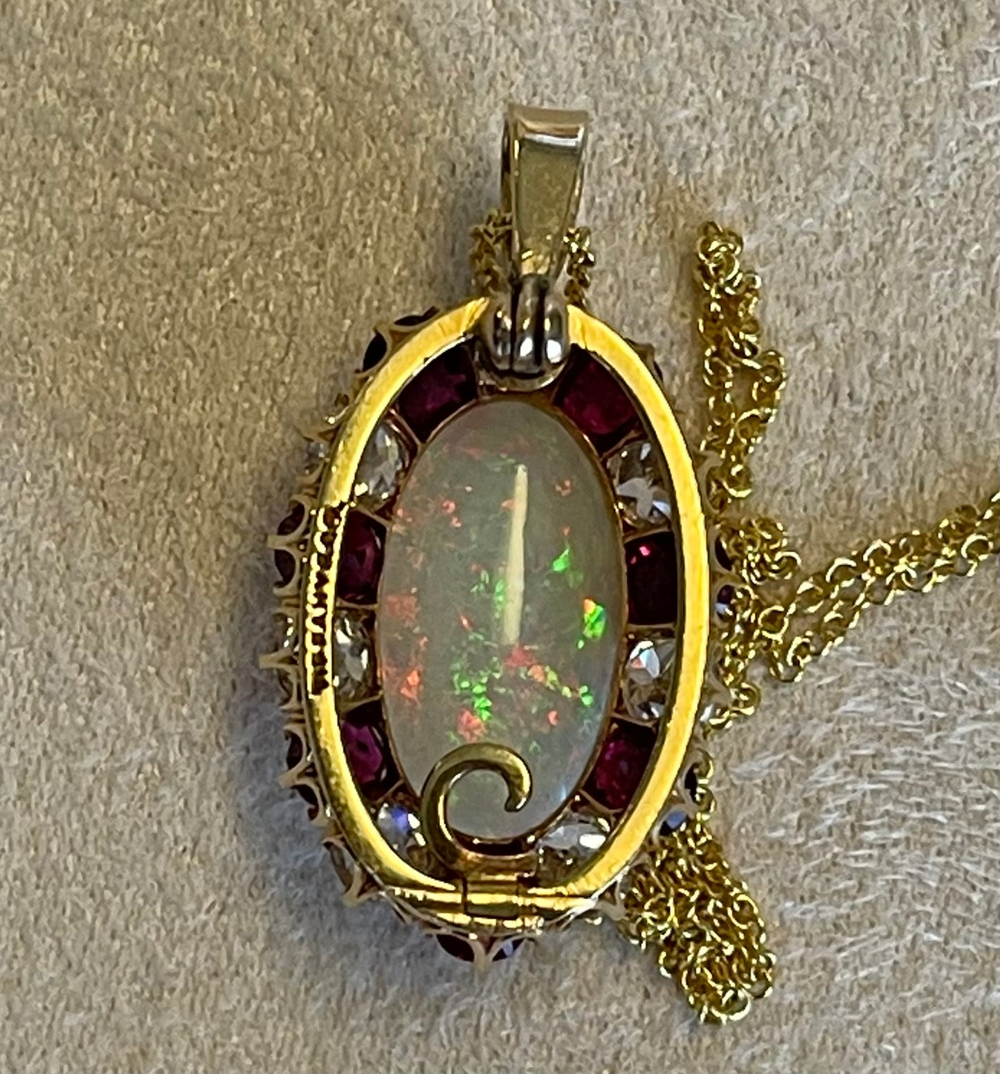 Tiffany & Co. Early 1900s Fire Australian Opal 3ct and Burma Ruby Pendant