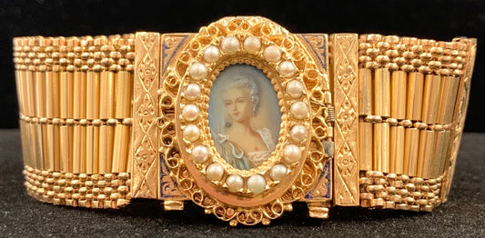 14K Gold Enamel, Seed Pearl and Cameo Bracelet/Watch