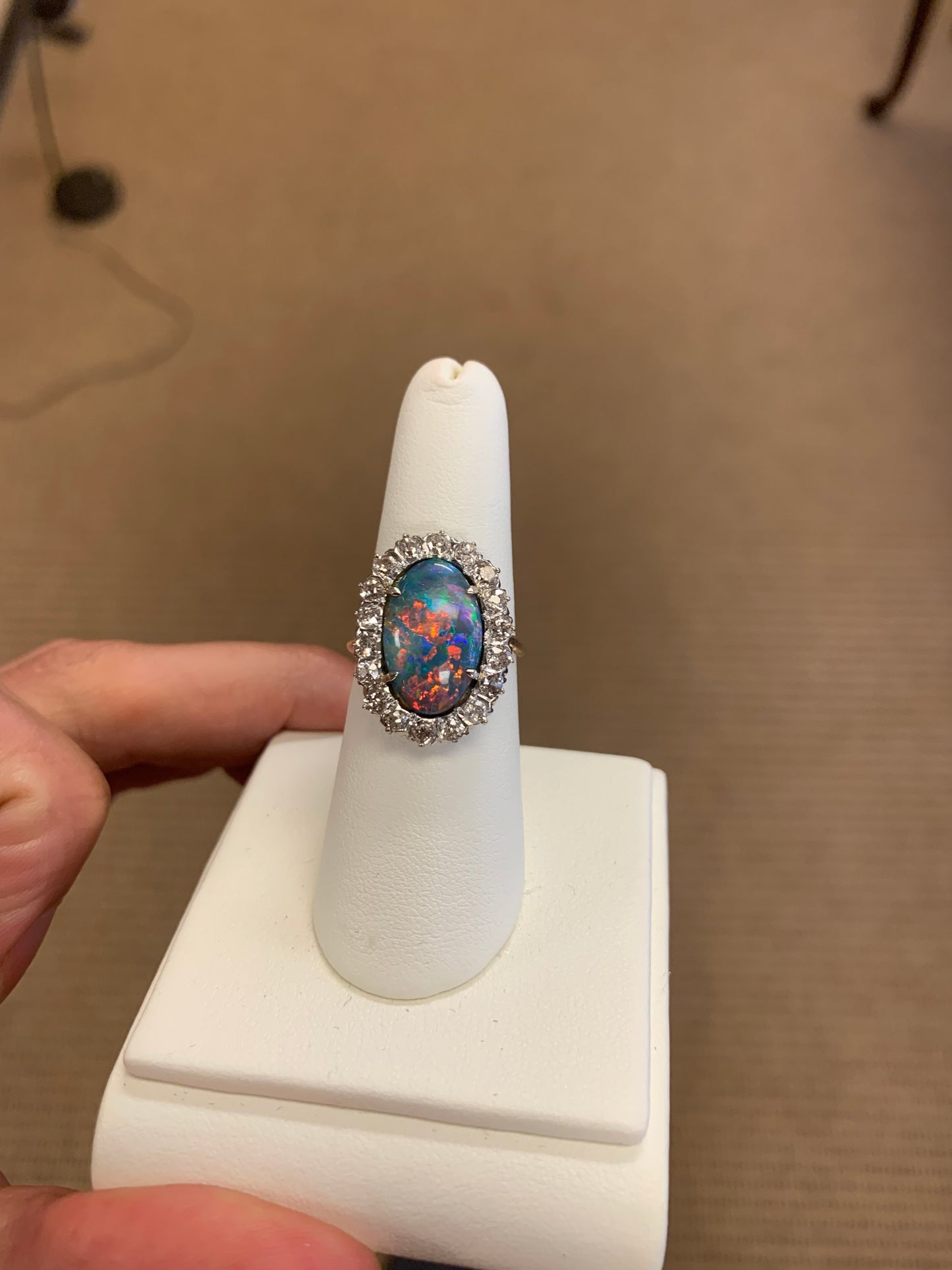 Edwardian Black Australian Opal 4.49ct & Diamond Antique Ring