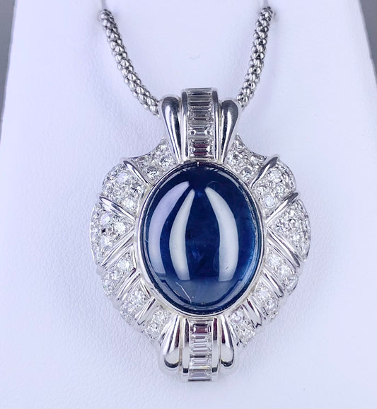 GIA Cabochon Sapphire 18.35ct and Diamond Pendant