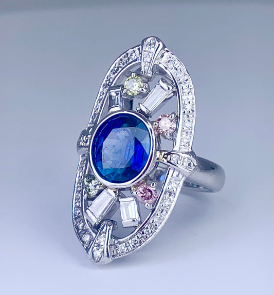 Platinum Sapphire 3.35ct and Multicolor Diamond Ring
