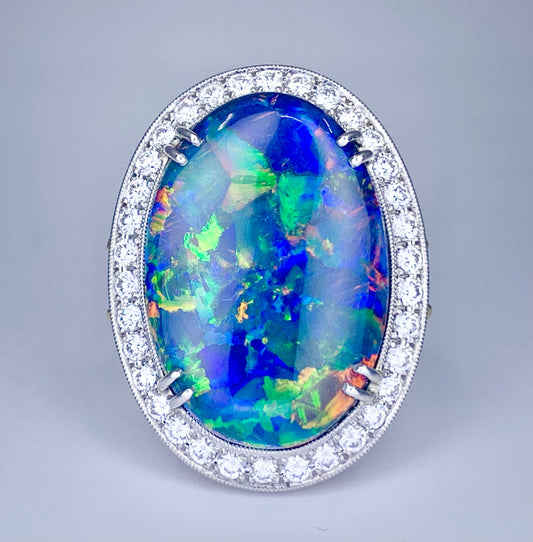 Black Australian Opal 10.68ct and Diamond Ring