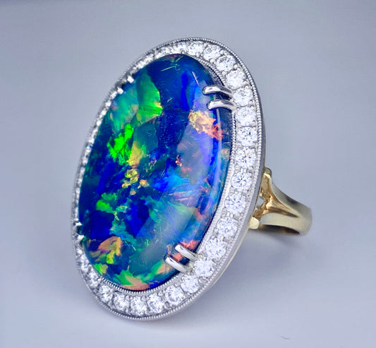 Black Australian Opal 10.68ct and Diamond Ring
