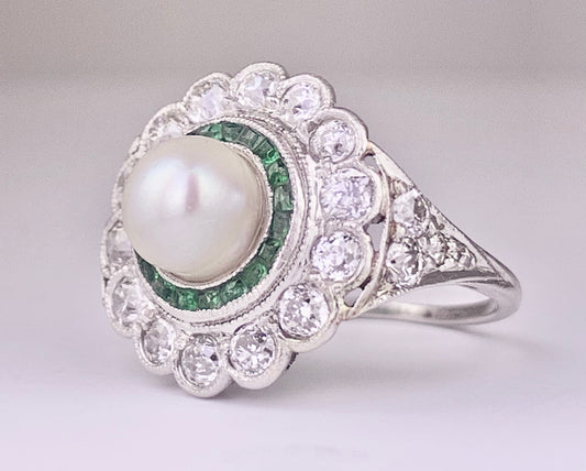 Art Deco Diamond and Natural Pearl Ring