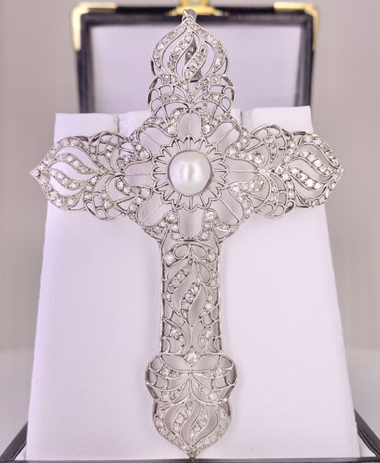 Art Deco Pearl and Diamond Pendant/Cross
