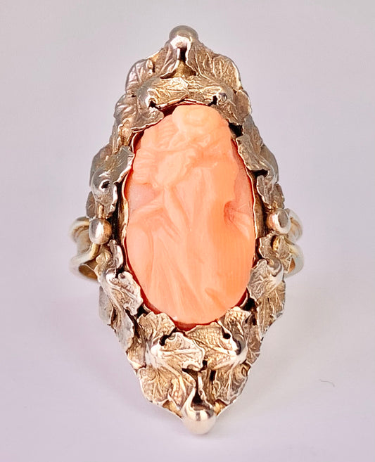 Arts & Crafts Carved Coral Cameo Ring