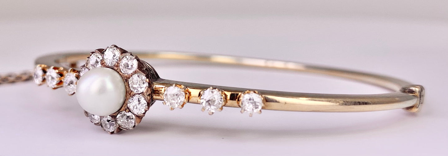 Victorian Diamond and Natural Pearl Bangle Bracelet
