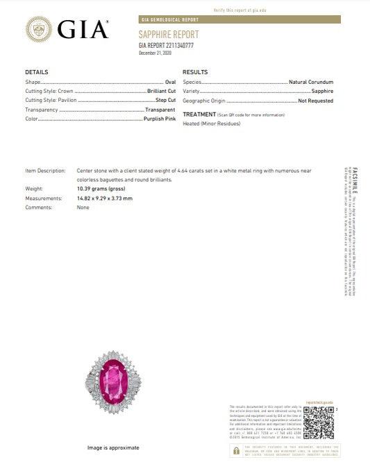 GIA Pink Sapphire 4.64ct and Diamond Ring