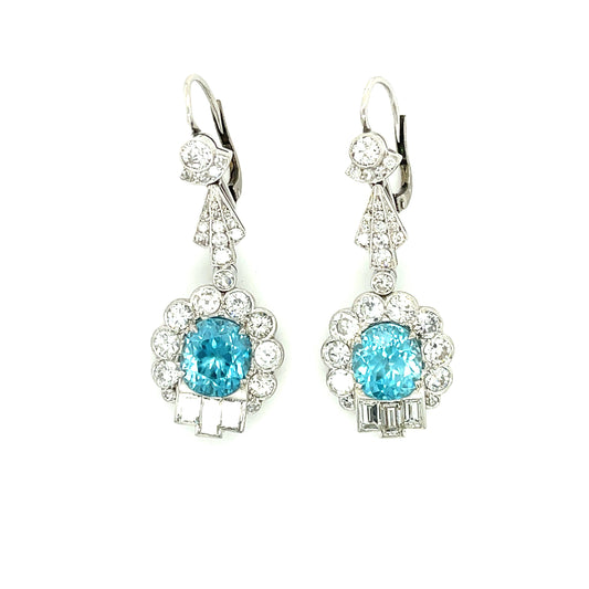 8.41ct Zircon (Cambolite) 4.10ct Old European cut and Baguette Diamonds Platinum Art Deco Drop Earrings (Circa 1930s)