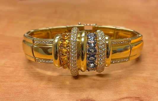 8.50ct Multi Color Blue and Yellow Sapphire 2.25ct Diamond 18KY Vintage Bangle Bracelet (Circa 1974)