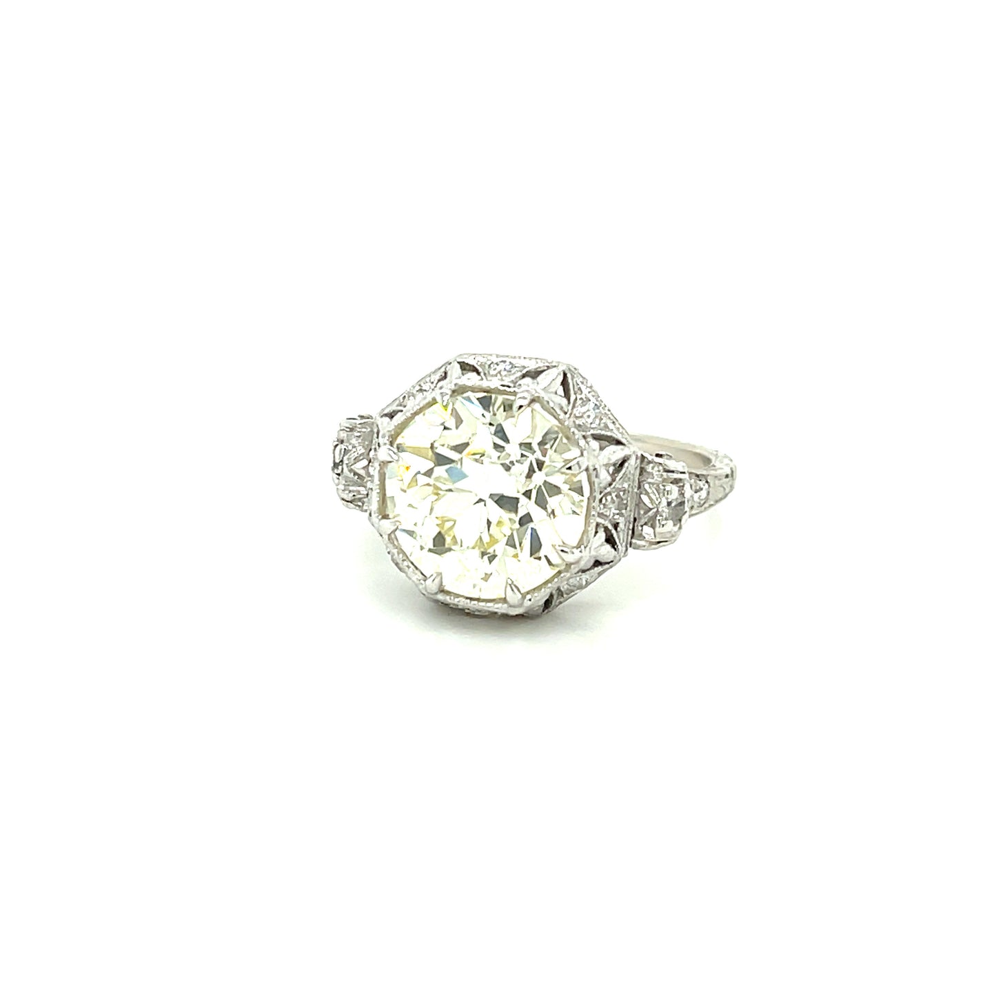 Art Deco 3.81ct GIA Q-R VS2 Old European Cut Diamond .20ct SD (10 Stones) Platinum Vintage Ring (Circa 1920s)