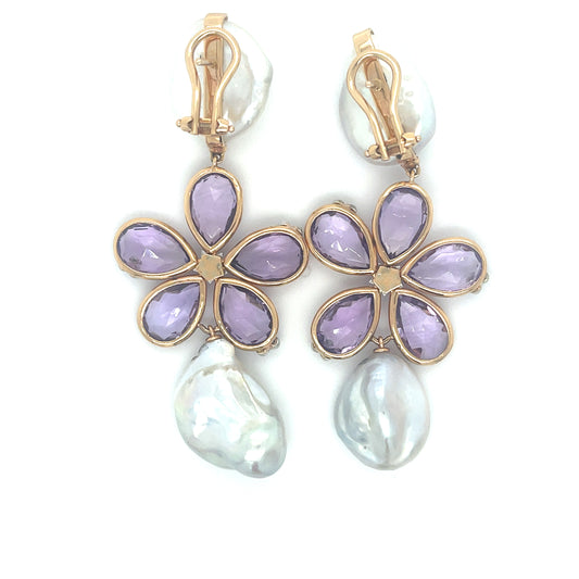 Designer Omega Amethyst Pearl Drop Earrings