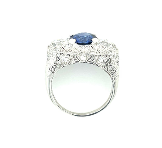 Art Deco 2.31ct Sapphire 1.80ct Old European Cut Diamonds (Two Stones G-H Color VS2 Clarity) .70ct SD Platinum Antique Ring (Circa 1920s)