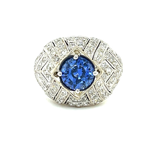 Art Deco 1.78ct Blue Sapphire .80ct Single Cut Diamonds (80 Stones) Platinum/14KY Vintage Bombe Ring (Circa 1930s)