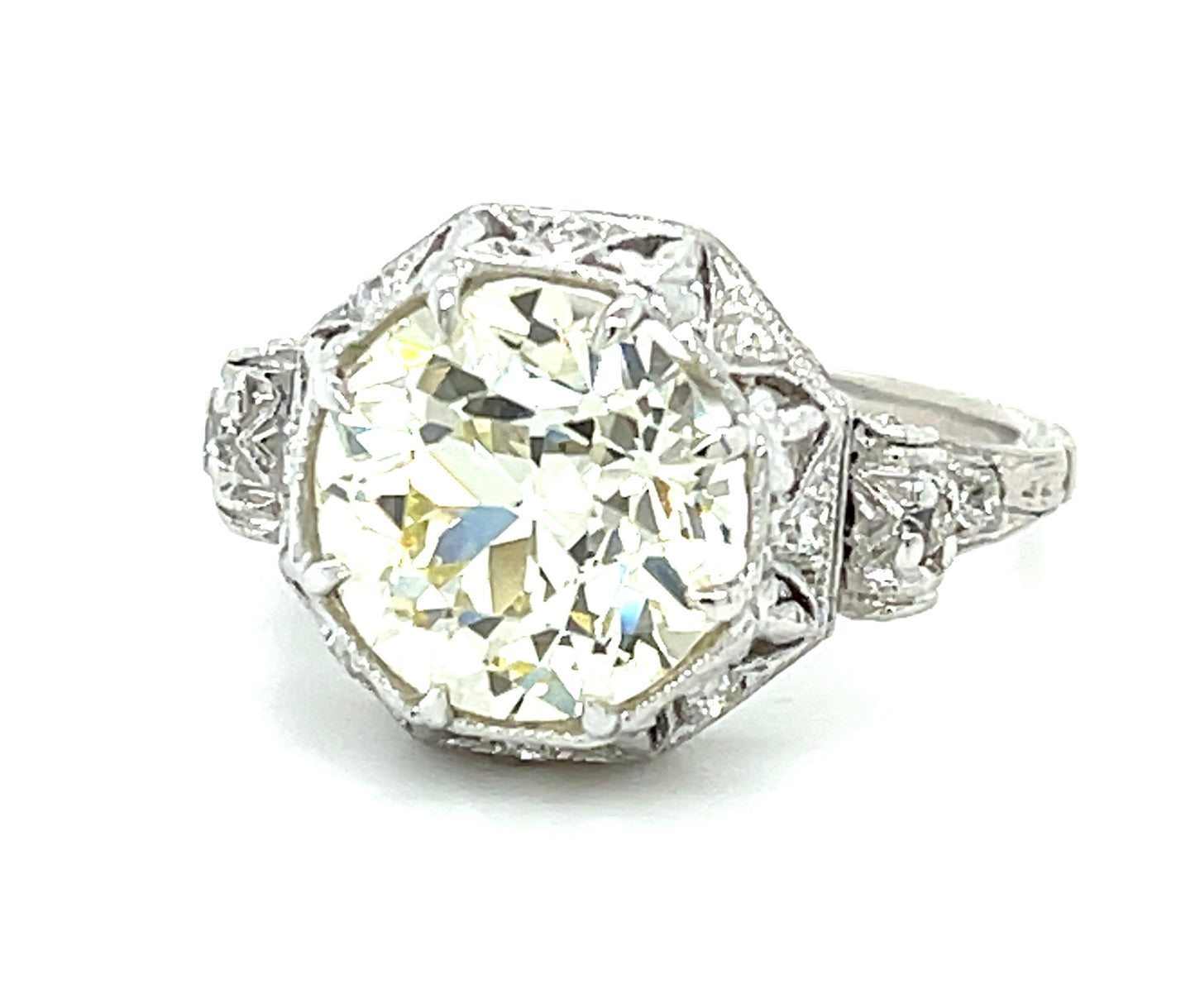 Art Deco 3.81ct GIA Q-R VS2 Old European Cut Diamond .20ct SD (10 Stones) Platinum Vintage Ring (Circa 1920s)