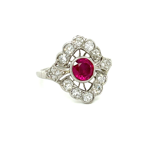 Art Deco (Circa 1920s) .92ct Burma Ruby 1.20ct Diamond Platinum Antique Ring