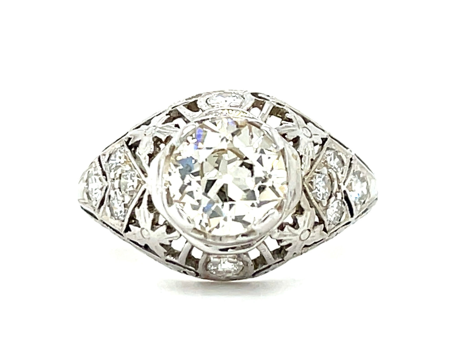 1.32ct Old European Cut Diamond .30ct Side Diamonds 18KW Ring 7 Size 4.20gr