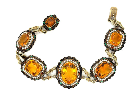 50ct Madeira Citrine, Seed Pearl and Enamel 14KY Art Deco Antique Bracelet (Circa 1920s) 7.25in 27.10gr