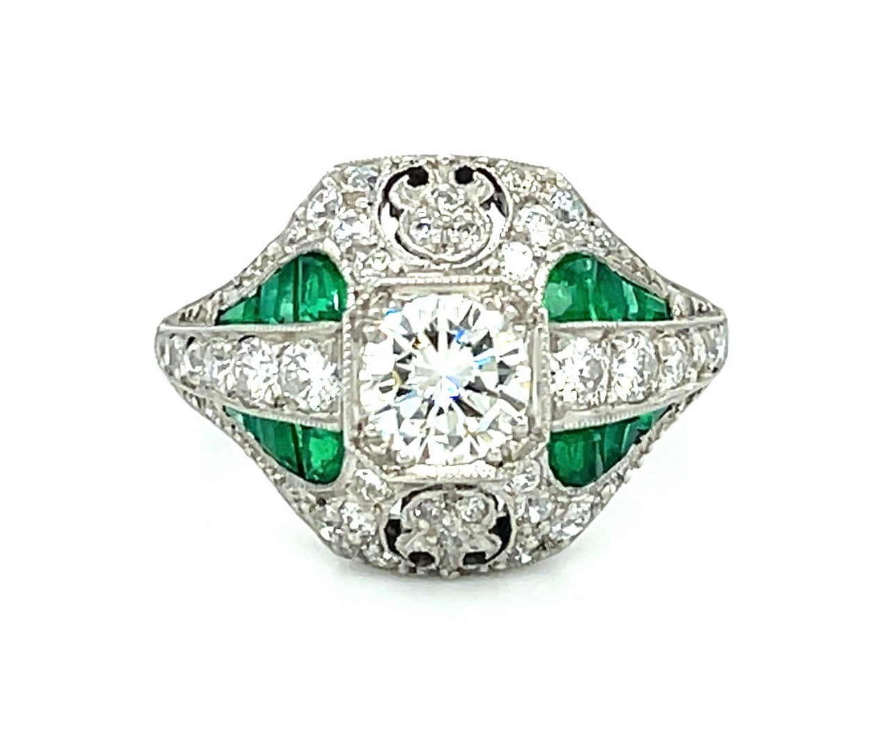 .79ct Round Brilliant Diamond 1.20ct Emeralds (12 Stones) .40ct (SD) Platinum Ring