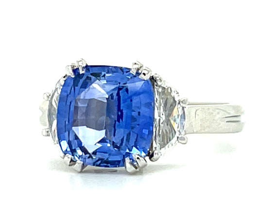 3.20ct Ceylon Sapphire .46ct Half Moon Diamond Platinum Ring 6.50 Size 5.50gr