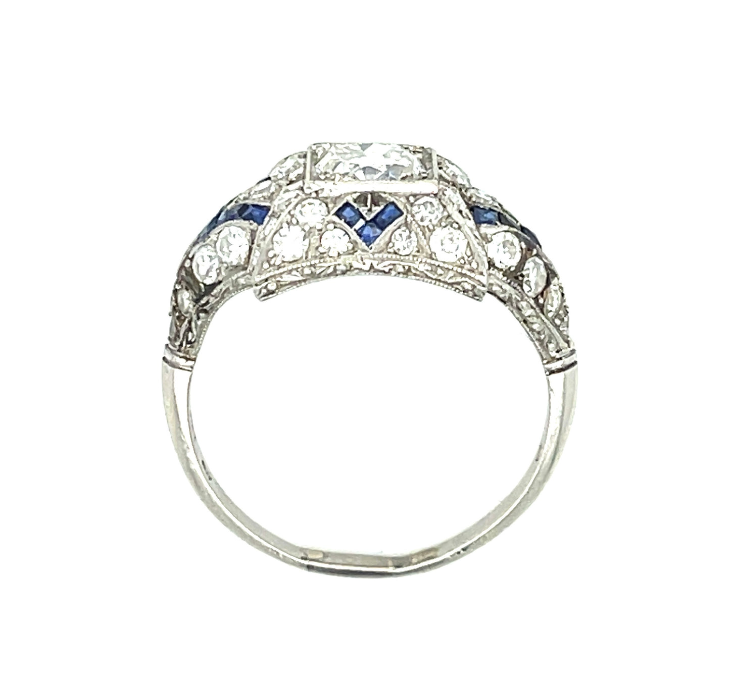 .80ct Old European Cut Diamond .80ct Calibre Sapphires 1ct Side Diamonds (40 Stones) Platinum Art Deco Ring (Circa 1920s)