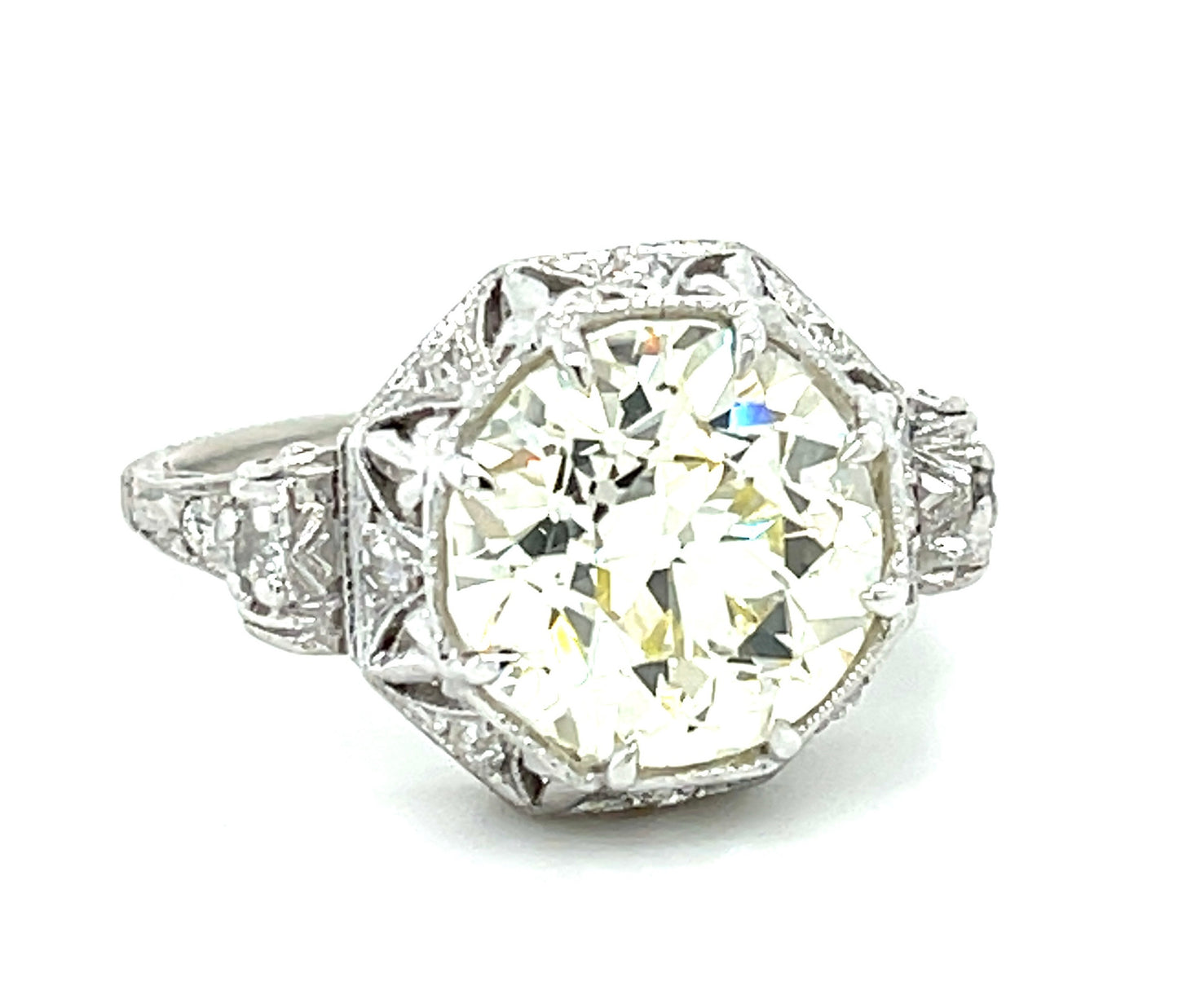 Art Deco 3.81ct GIA Q-R VS2 Old European Cut Diamond .20ct SD (10 Stones) Platinum Vintage Ring (Circa 1920s)