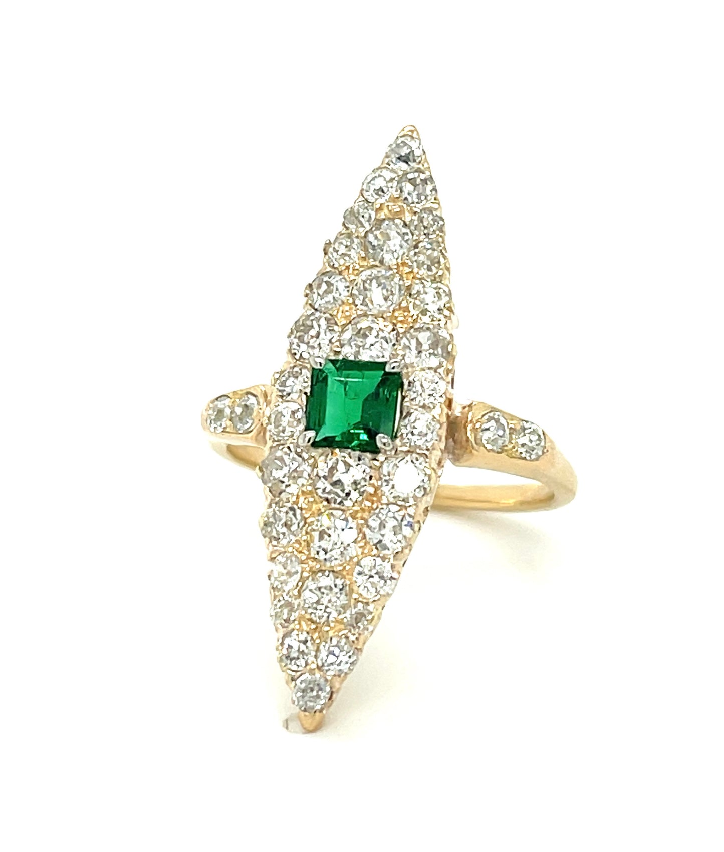 Victorian .88ct Colombian Emerald 2.80ct Diamonds (32 Stones) Platinum Hand Engraved Antique Ring (Circa 1920s)