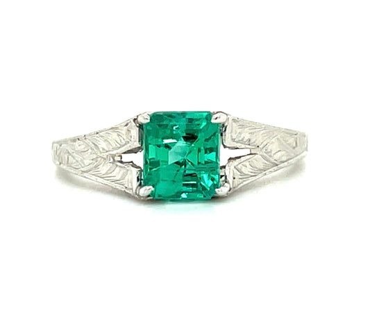 Art Deco .88ct Gemmy Colombian Emerald Platinum Antique Ring (Circa 1920s)
