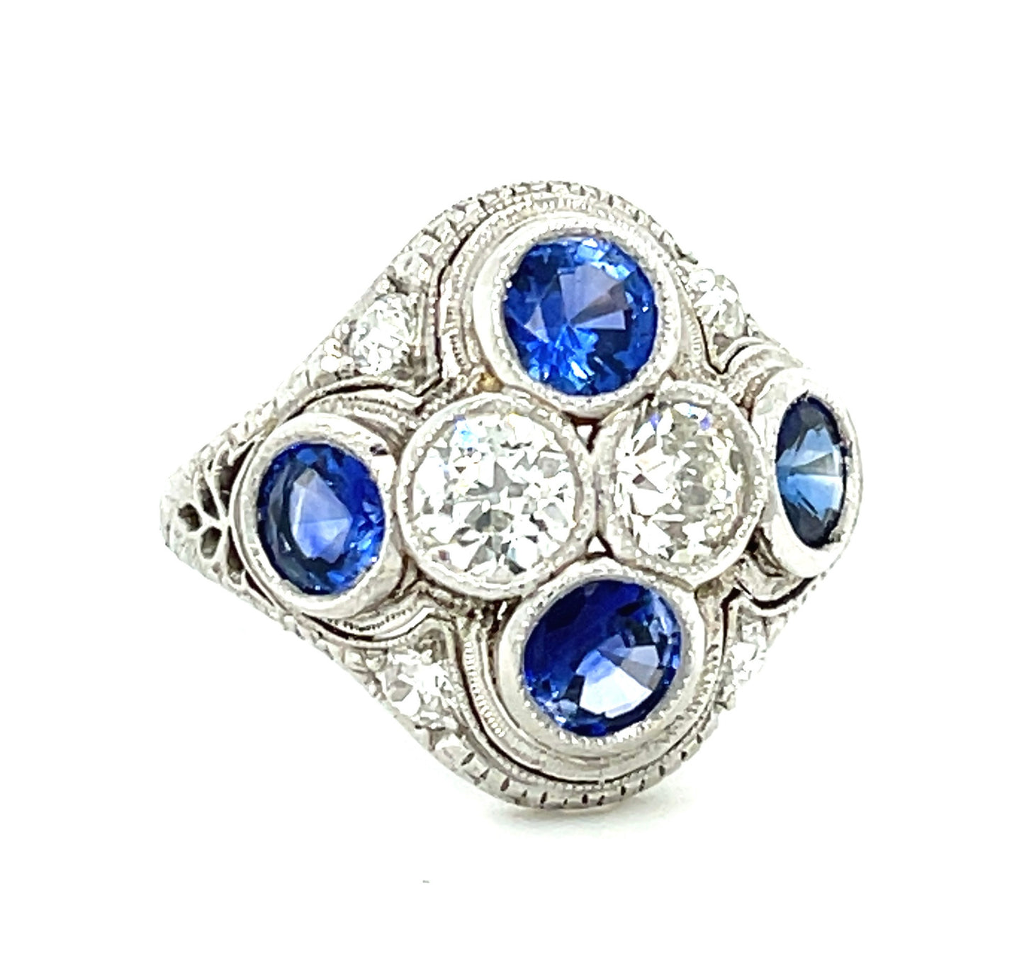 .44ct GIA I SI1 Old European Cut Diamond .43ct GIA I VS2 Old Euro Diamond 2.10ct Sapphires Platinum Antique Art Deco Ring (Circa 1920s) 7 Size