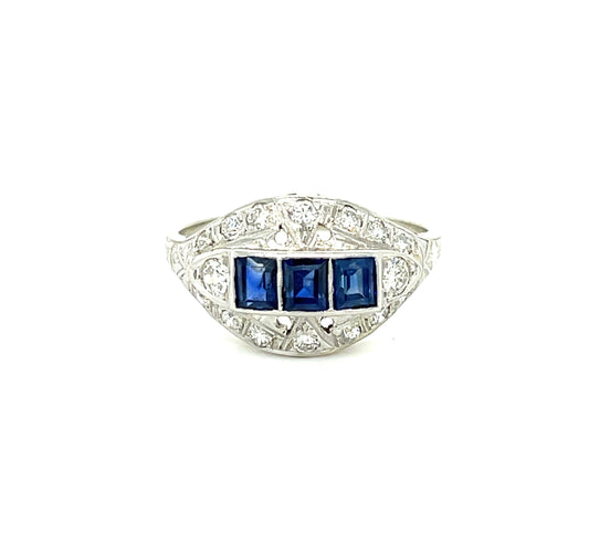 .60ct Square Sapphires .55ct Diamonds Platinum/18KW Vintage Ring