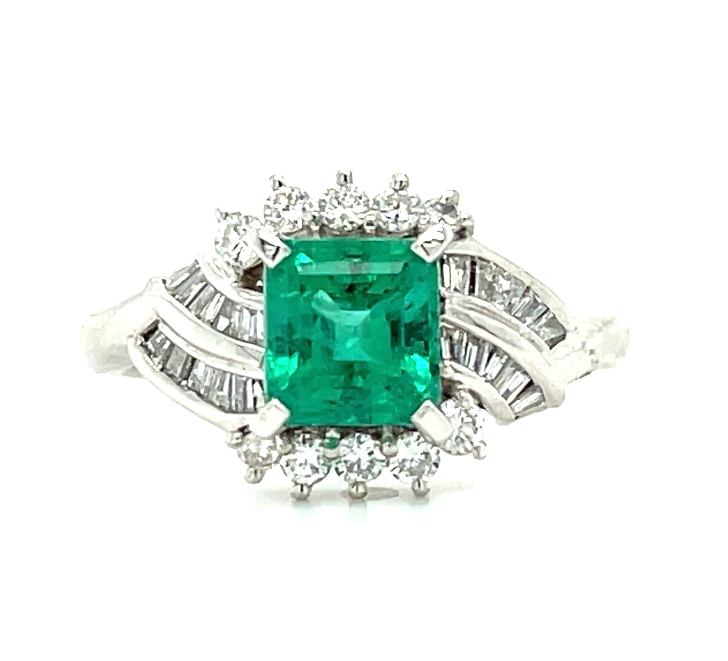 1.08ct Emerald .41ct Diamond PT 1970s Ring