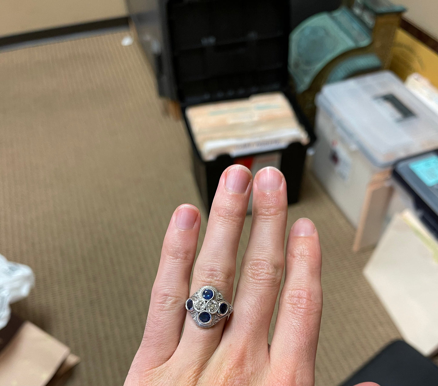 .44ct GIA I SI1 Old European Cut Diamond .43ct GIA I VS2 Old Euro Diamond 2.10ct Sapphires Platinum Antique Art Deco Ring (Circa 1920s) 7 Size