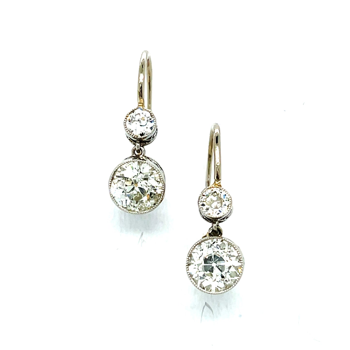 2.22ct Old European Cut Diamonds (Two Centers) .30ct (Two SD) Platinum over 18KY Gold Drop Earrings