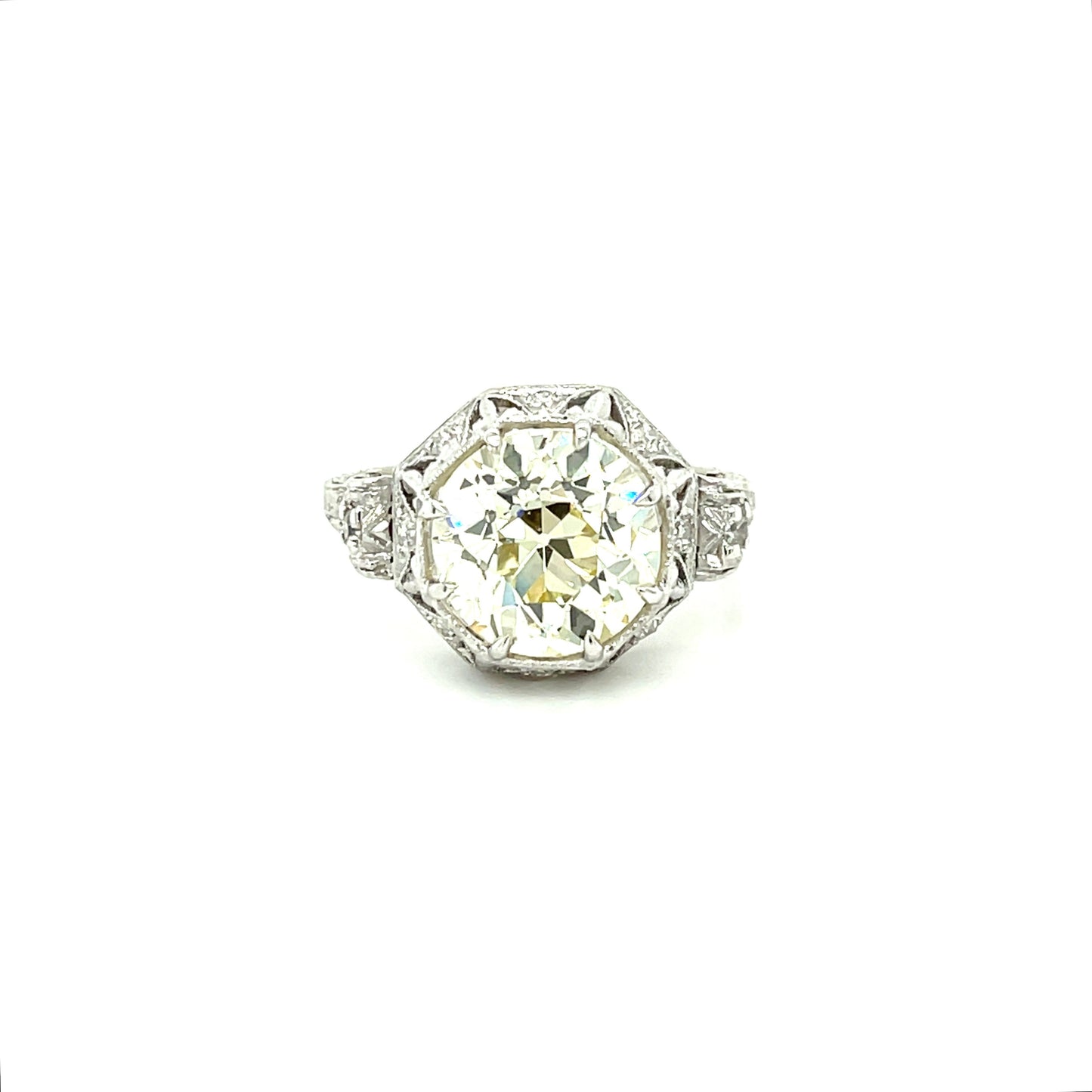 Art Deco 3.81ct GIA Q-R VS2 Old European Cut Diamond .20ct SD (10 Stones) Platinum Vintage Ring (Circa 1920s)