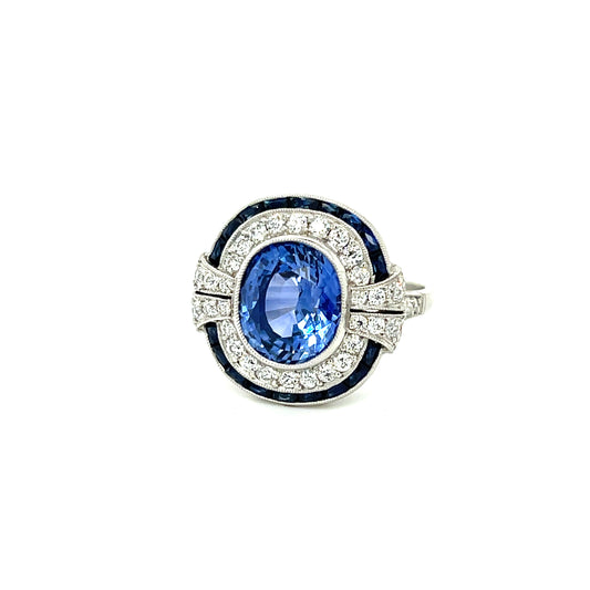 4.08ct Blue Sapphire .71ct Old European Cut Diamonds .72ct Calibre Sapphires Platinum Ring