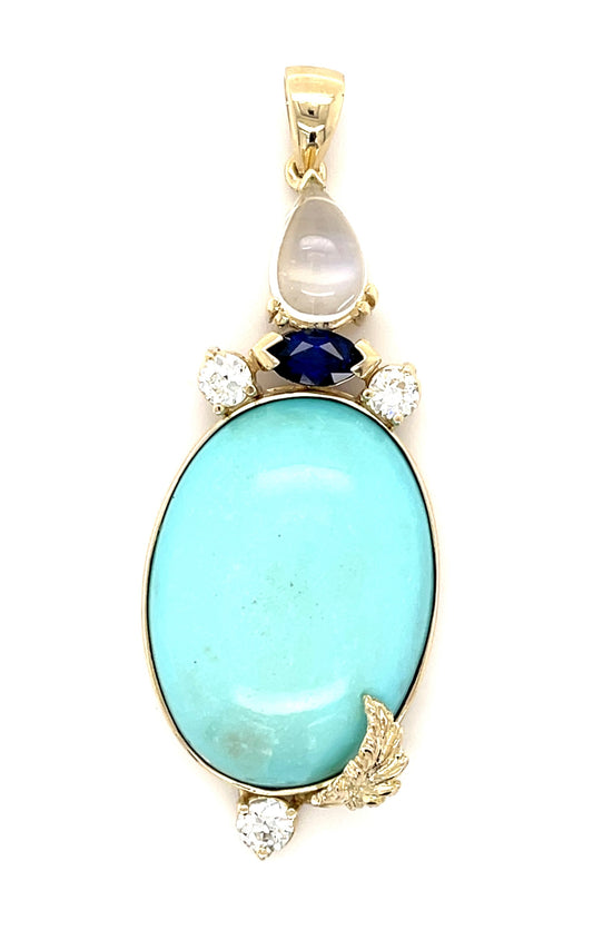 31.10ct Oval Turquoise 1ct Marquise Sapphire 14KY Pendant