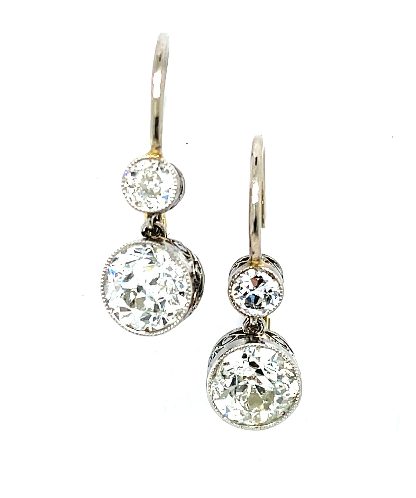 2.22ct Old European Cut Diamonds (Two Centers) .30ct (Two SD) Platinum over 18KY Gold Drop Earrings