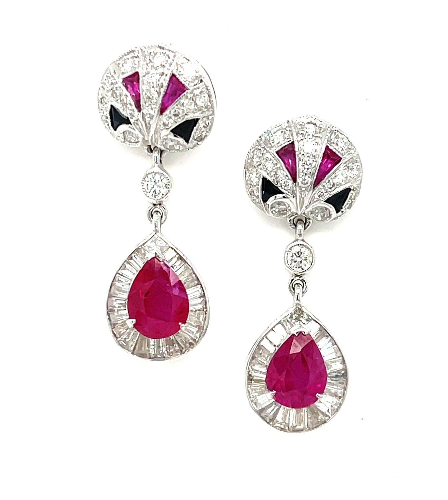 1.95ct Burma Ruby .85ct Diamond Onyx 18KW Drop Estate Earrings Length 1in