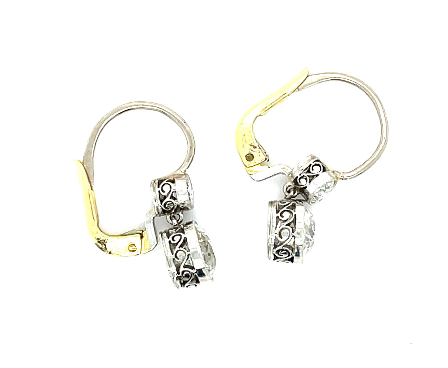 2.22ct Old European Cut Diamonds (Two Centers) .30ct (Two SD) Platinum over 18KY Gold Drop Earrings