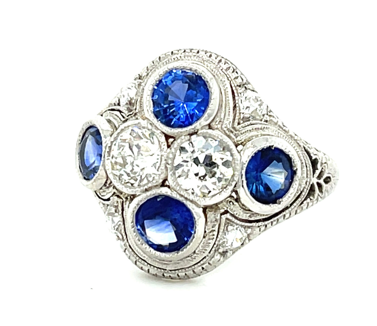 .44ct GIA I SI1 Old European Cut Diamond .43ct GIA I VS2 Old Euro Diamond 2.10ct Sapphires Platinum Antique Art Deco Ring (Circa 1920s) 7 Size