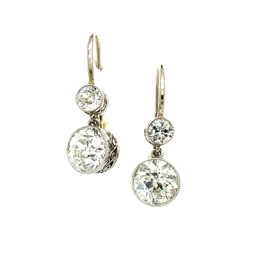 2.22ct Old European Cut Diamonds (Two Centers) .30ct (Two SD) Platinum over 18KY Gold Drop Earrings