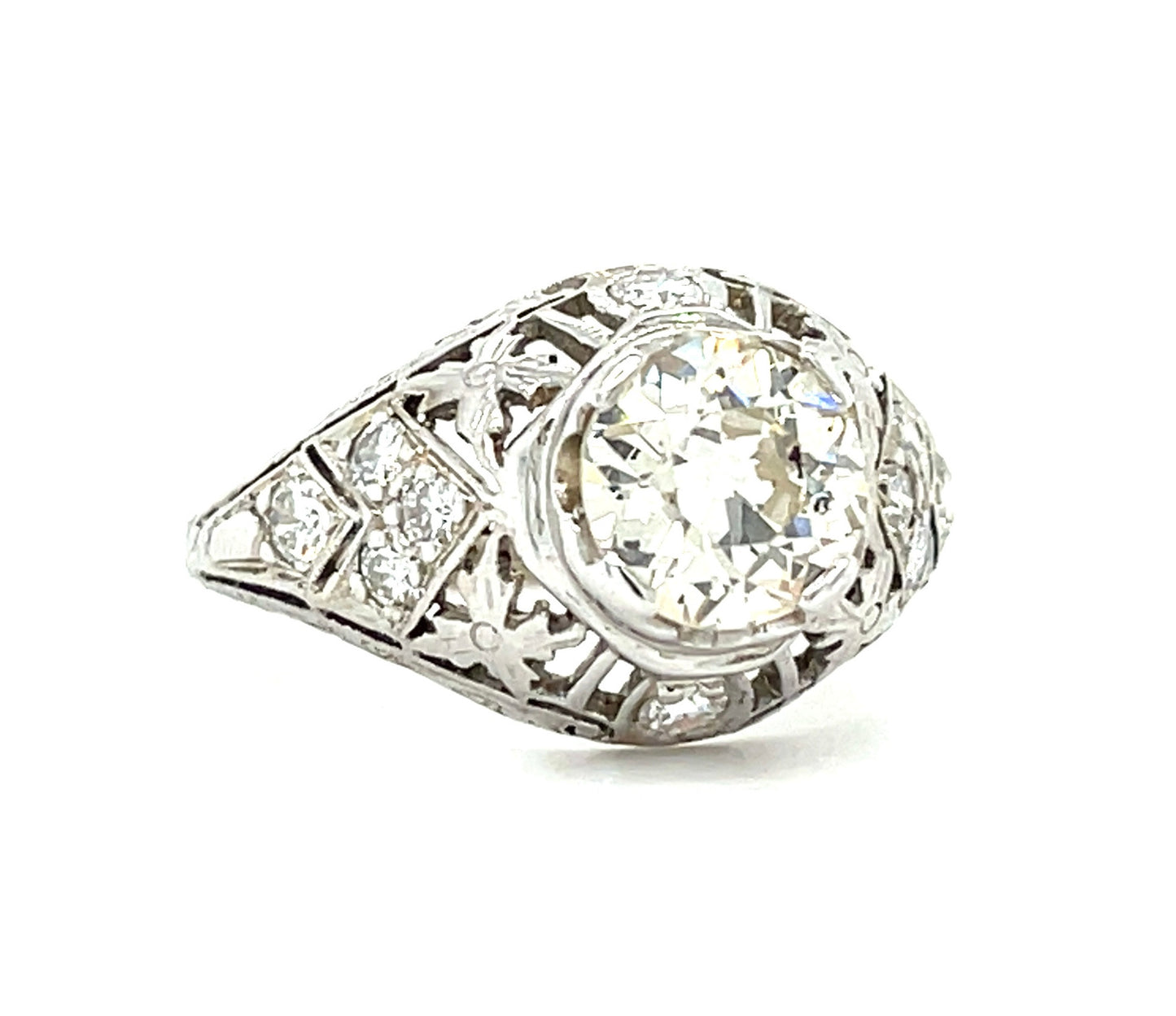 1.32ct Old European Cut Diamond .30ct Side Diamonds 18KW Ring 7 Size 4.20gr