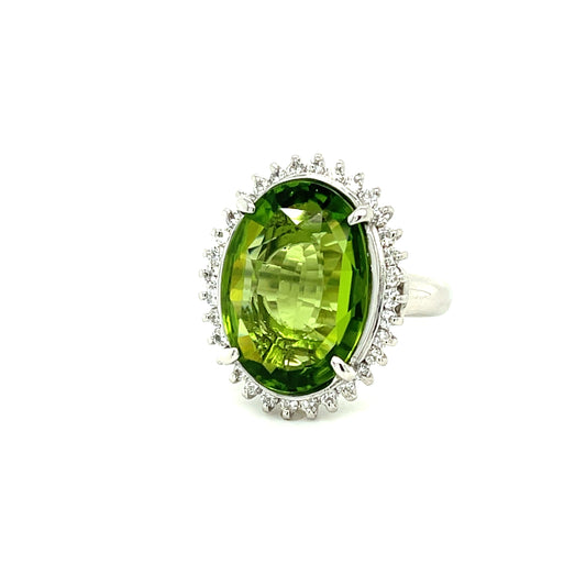 9.87ct Peridot .46ct Diamond Platinum Vintage Ring (Circa 1970s)