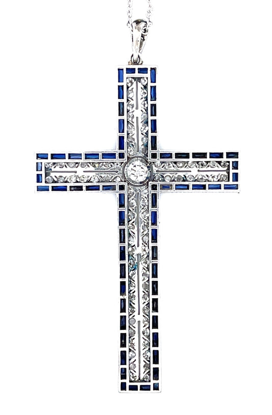 Art Deco Diamond & Dazzling Sapphire Cross/Pendant
